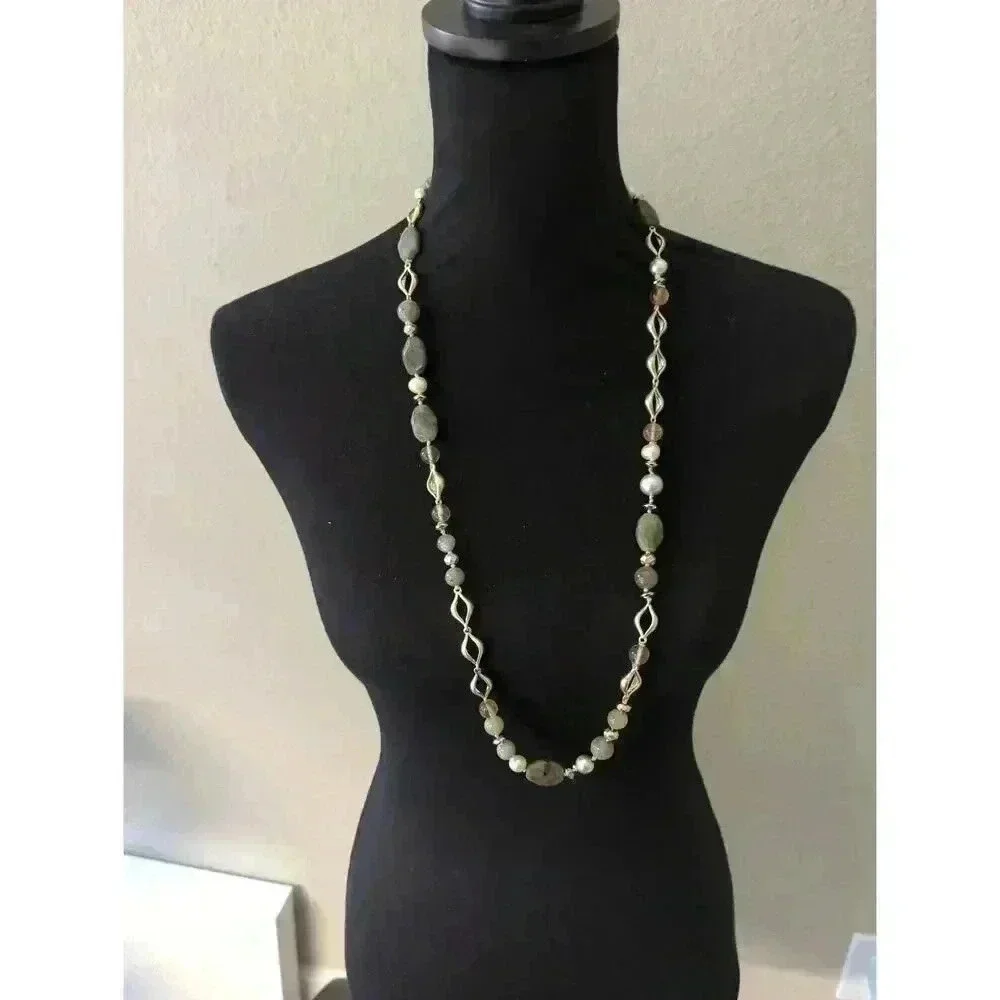 Stella & Dot Stone Metal Beaded Long Necklace Womens Jewelry Natural Muted Tones